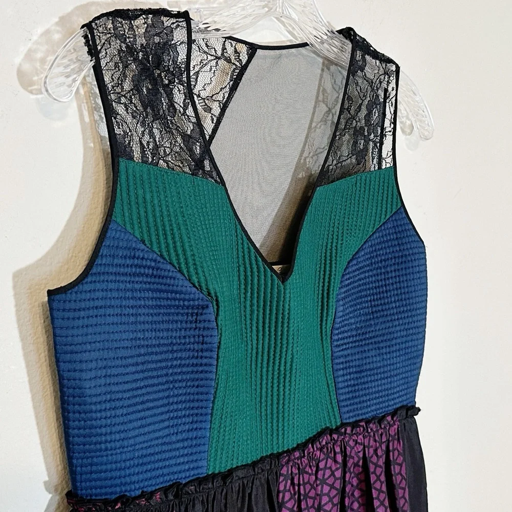 Anthropologie Niki Mahajan Lined Silk Patchwork Lace Multicolor Midi Dress S- 8 - Picture 6 of 16